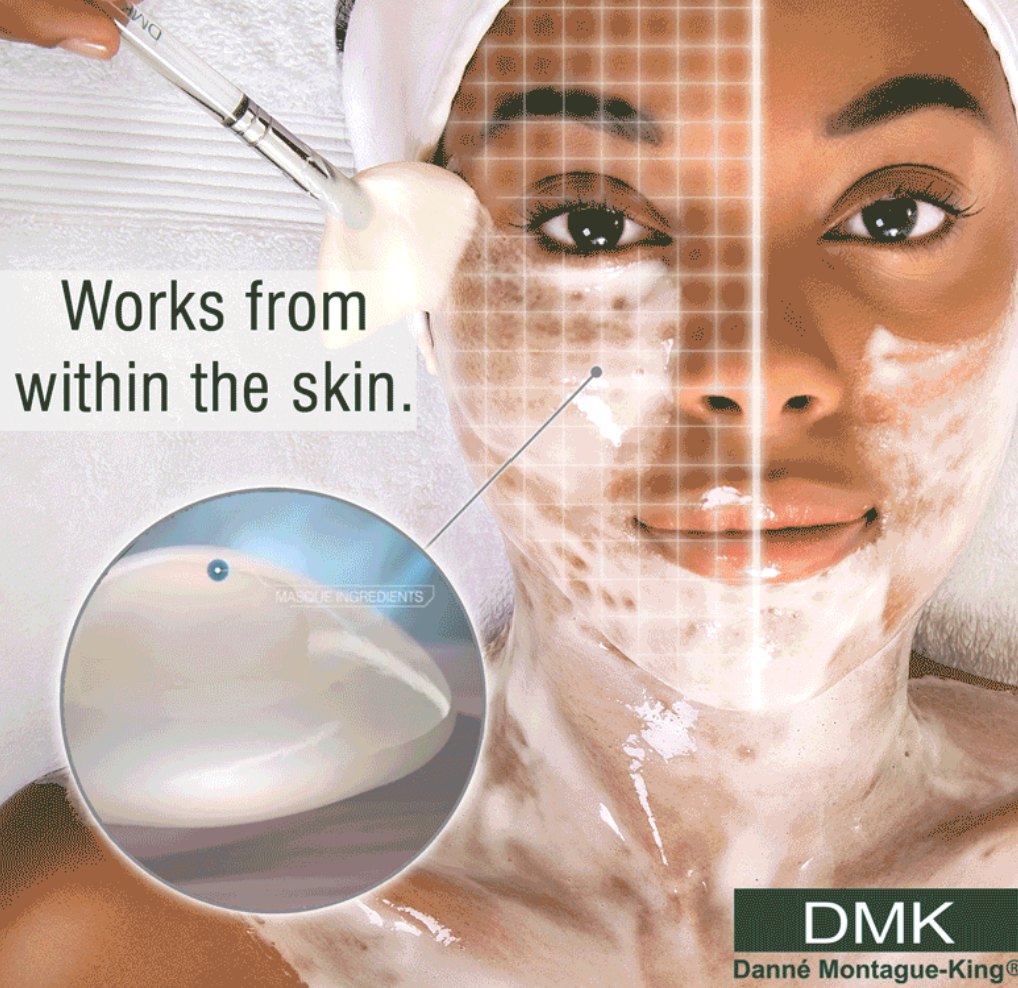 DMK Enzyme Therapy: works from within the skin. A model receiving an enzyme masque, with a grid overlay across half of the face